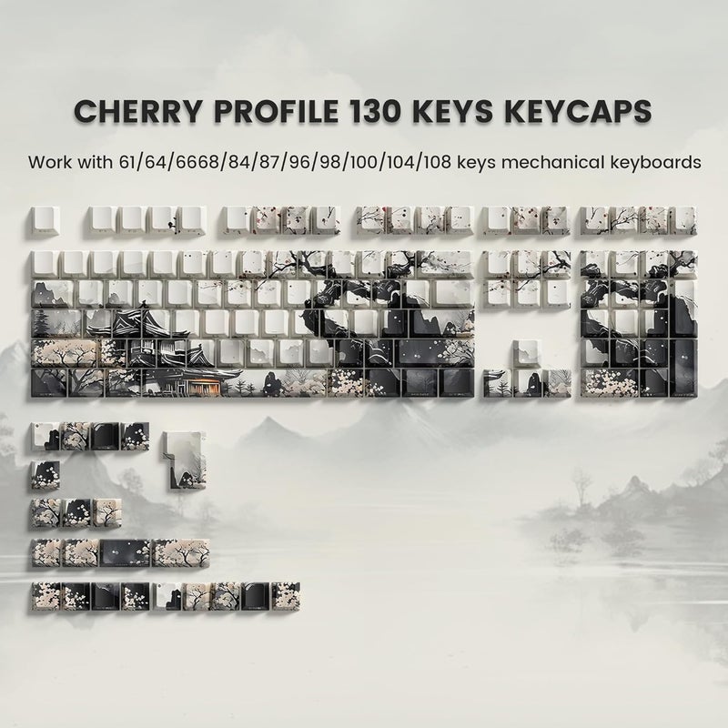 COSTOM Womier PBT Keycaps Set 130 Keys, Custom White Japanese Keyboard Doubleshot Dye Sub Side Print Shine Through Keycaps 60 65 75 100 Percent, Cherry Profile (Ink Painting) - Image 2